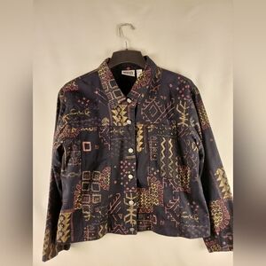 Chico's Sz XLARGE 3 Earthy Artisan Denim Black Jacket Festival Art to Wear Boho